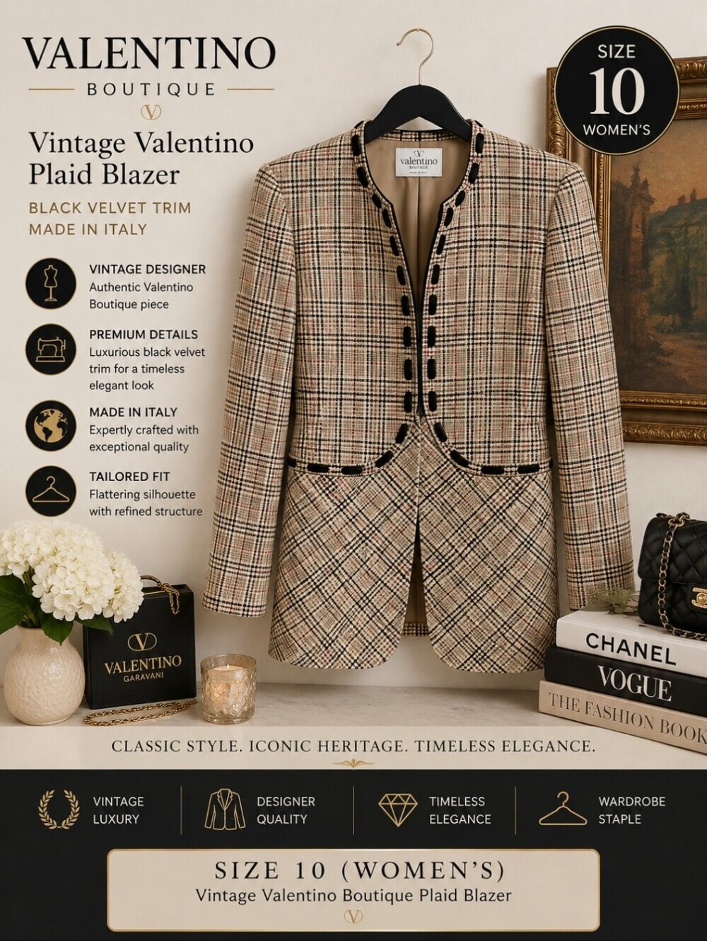 Vintage Valentino Boutique Plaid Blazer Black Velvet Trim Made in Italy Designer